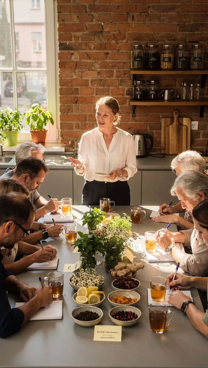 Arbatos puodelis ant stalo šalia knygos ir akinimo, skatinantis sveiką rutiną ir žinių siekimą.