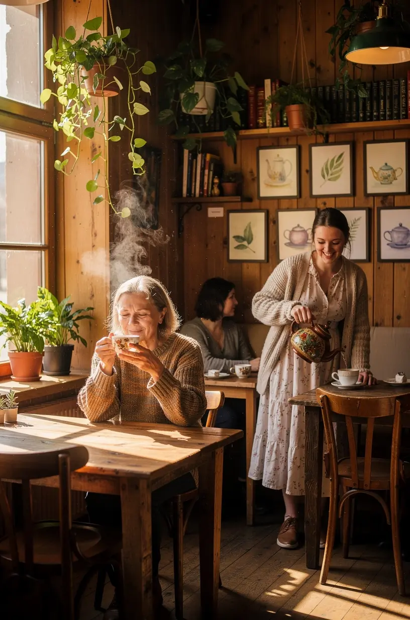 Moters ranka laiko arbatos puodelį, kuriame atsispindi ramybės ir atsipalaidavimo akimirka.
